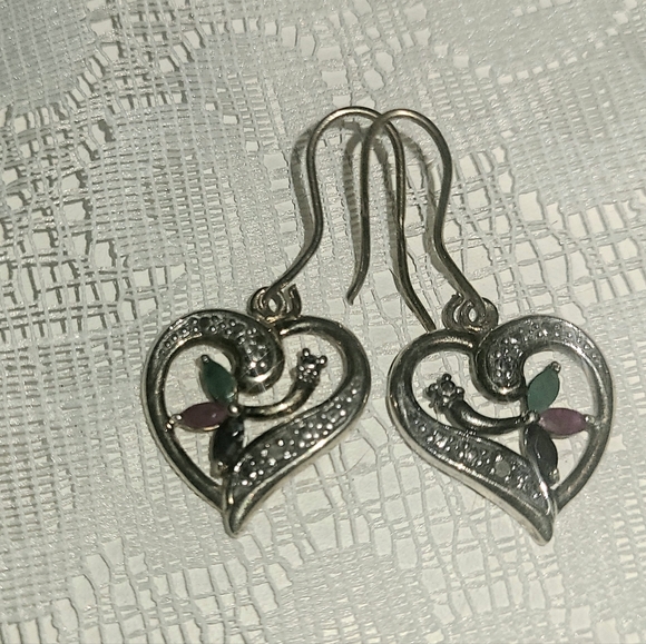 Natural Ruby,Emerald,& Saphire accented by White Diamonds Earrings - Picture 7 of 8